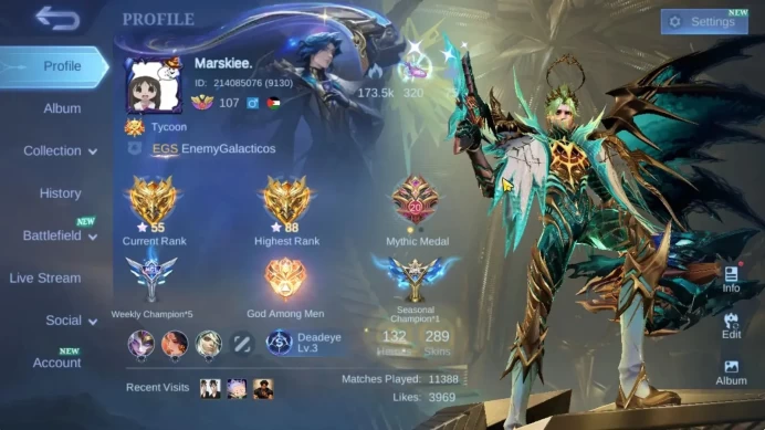 Hero 132|Skin 289|High Glory 88|Prime Granger,Sanrio Floryn Kof Karina,CC Nata,Zodiac Lunox,Lb STUN Selena|Take Mail(MLBB2226)