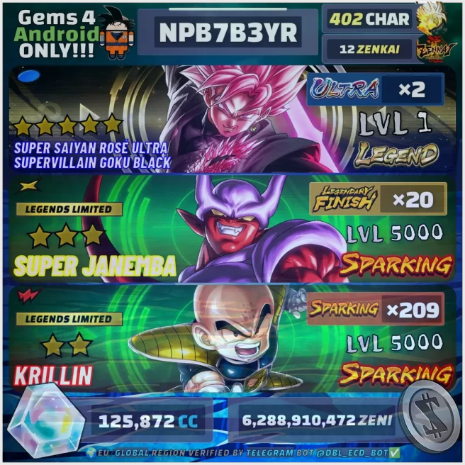 VIP Android DBL - 402 Chars, 2 Ultra, 209 SP, 125872 CC, 20 LF, 12 ZK... ! AGG02837