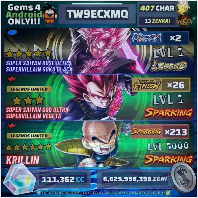VIP Android DBL - 407 Chars, 2 Ultra, 213 SP, 111362 CC, 26 LF, 13 ZK... ! AGG02849