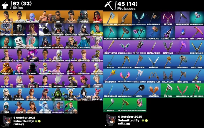 [PC/PSN/XBOX] 62 skins | Leviathan Axe | Go Mufasa | Lara Croft | Surf Witch | The Champion | Siren | Beach Jules	MSS15