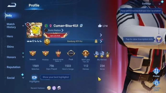 Hero112 Skin234|Kongming(Mythic),Mozi(Ultraman),LiBai(LIMITED),Luna(KIC),5 Legend(Butterfly,HouYi,LiXin,Etc)|Infinite|HOK2008