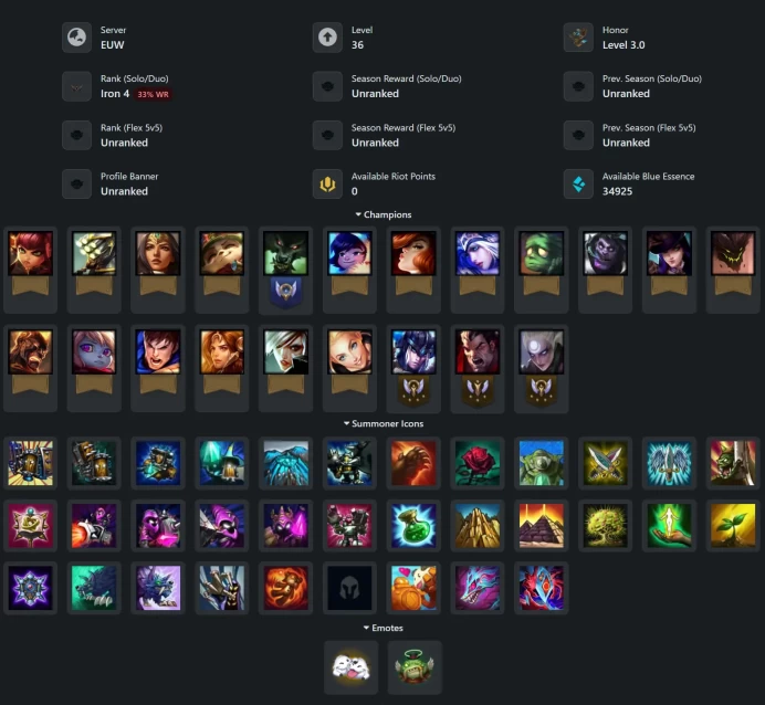 [EUW] [Hand Leveled & Deranked] [Untouched Loot] [Iron IV] - NO: 904271653