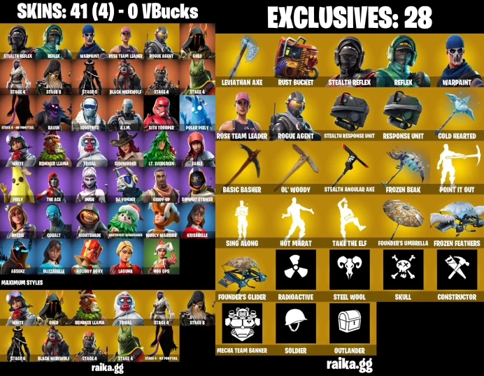 PC/PSN/XBOX] 41 skins | OG STW | Leviathan Axe | Raven | Peely | Sith Trooper | Rust Bucket | Stealth Reflex | Reflex	MSS86