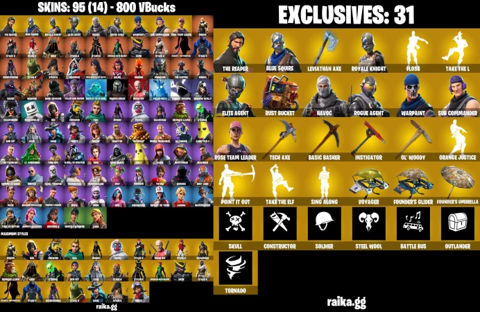 [PC/PSN/XBOX]  95 skins |  Floss Leviathan Axe | OG STW | The Reaper | Blue Squire | Royale Knight | Floss | Take The L | Aura	MSS121
