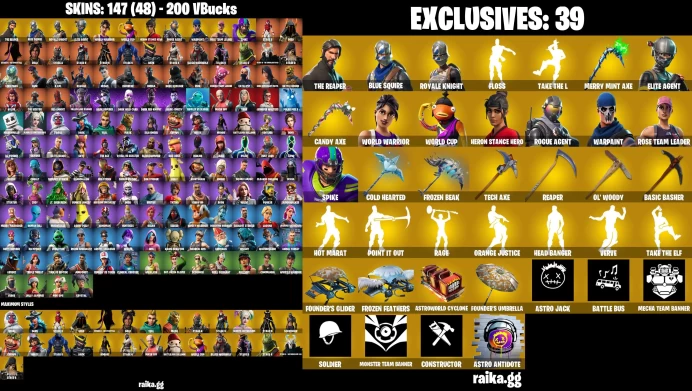 PC/PSN 147 Skins / Merry Mint Axe, Floss . Blue Squire, Royale Knight, The Reaper MSS95