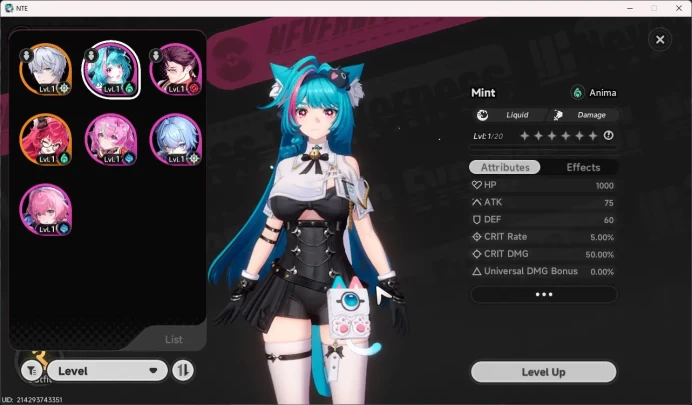 EU | Starter Lvl3 | 1 S Char Nanally Arc + 5 A char | MC Male | Log Emial | NTE085B