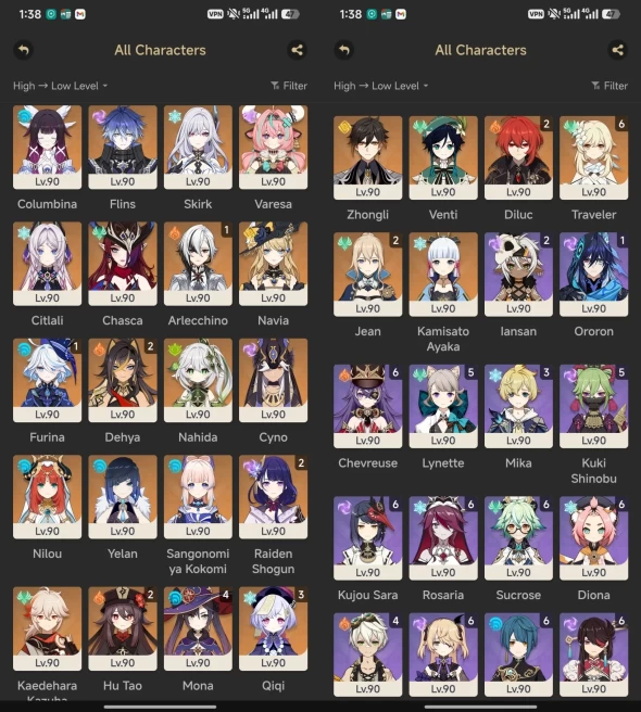 All Platform - AR60 - EU - 79 Character 30 5'Star 24 Weapon 5'Star - Skrik - Ineffa - Furina - Yelan Skin - Flins - Columbina - 1614