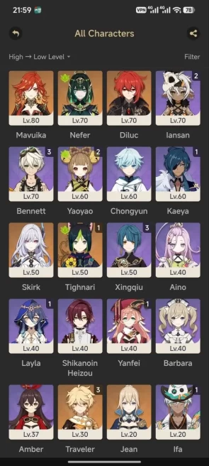 All platform - EU- AR51- 33 Character -7 5'star Character - Nefer - Mavuika - Skirk - Diluc - jean - 1623