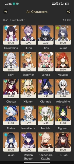 All platform - EU - AR60 - 78 Character 29 5'Star - 11 Weapon 5'Star - Nefer - Columbina - Flins - Lauma - Skirk - 1650