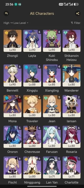 All platform - EU - AR60 - 78 Character 29 5'Star - 11 Weapon 5'Star - Nefer - Columbina - Flins - Lauma - Skirk - 1650