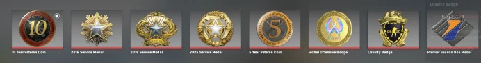 CS768 Prime, 8 Medals: 5, 10 Year Veteran, Loyalty Badge, GO Badge, Service 2016, 2018, 2025, Premier Season One, Faceit not linked, 525 Hours