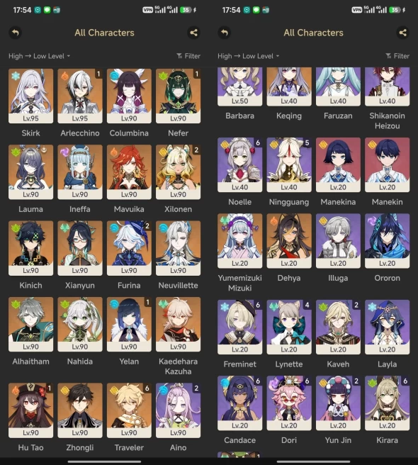 All platform - EU - AR60 - 77 Character 26 5'Star - 18 Weapon 5'Star - Columbina - Nefer - Lauma - Furina C2 -  Skirk - Ineffa - 1656