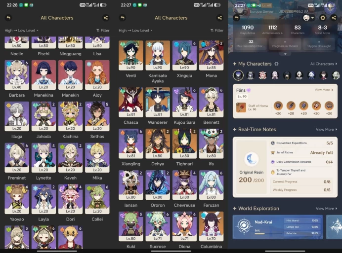All Platform - EU - AR60 - 83 Character 33 5'Star - 14 Weston 5'Star - Columbina  - Furina - Yelan Skin - Lauma - Varesa - Flins - 1658