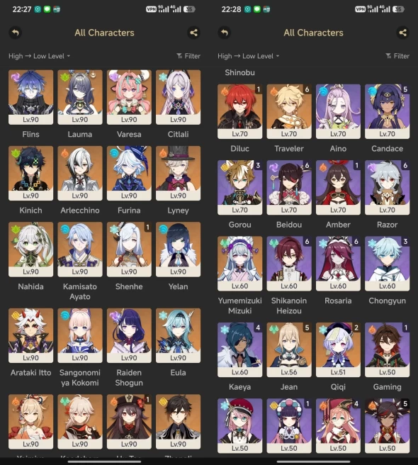 All Platform - EU - AR60 - 83 Character 33 5'Star - 14 Weston 5'Star - Columbina  - Furina - Yelan Skin - Lauma - Varesa - Flins - 1658
