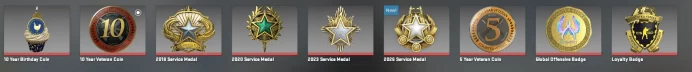 CS770 Prime, 9 Medals: Service 2018, 2020 (2lvl), 2023, 2026, 5, 10 Year Veteran, Loyalty Badge, GO Badge, 10 Year Birthday, 1076 Hours