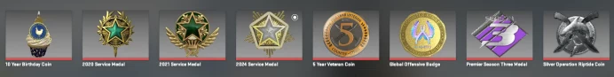 CS771 Prime, 8 Medals: Service 2020 (2lvl), 2021 (2lvl), 2024, 10 Year Birthday, Silver Riptide, Premier Season Three, 5 Year Veteran, GO Badge