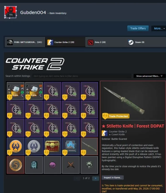 CS778 Stilleto Knife forest DDPAT, Prime Enabled, 2014 Sticker, PUBG Purchased, 5 Medals including 5 years veteran coin
