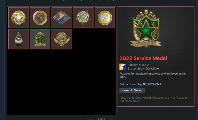 CS780 Prime, 1734 Hours, 8 Medals including 21, 22, 24, 25 Year and 5 years veteran coin, Steam LVL 7, 4 Paid games