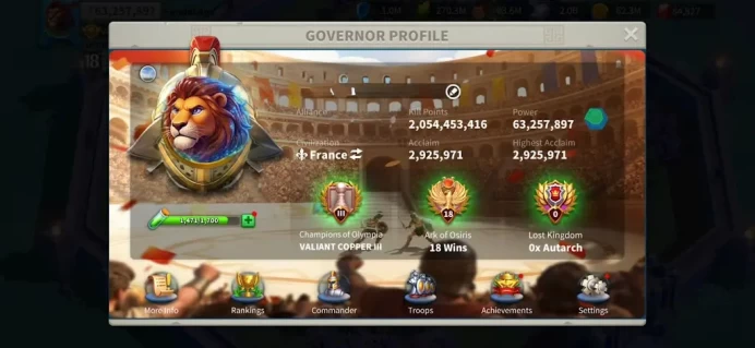 ROK2356: 78M - Vip 16 - 16 Commanders - 25 Passport - 800k Credit - 84k Gems - 2 Skin - 2 farm