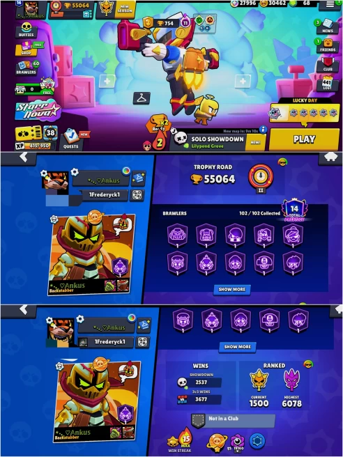 BEST BS 55k TROPHY, 102/102 UNLOCKED,35 HYPER CHARGED, 7 MAXED,348 OP SKINS [13 MYTHIC+10 LEGENDARY+6 HYPERCHARGED],909 PINS,595 ICON,296 SPRAYS