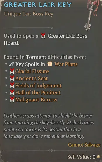 10* Greater Lair Key --Carry Run Boss (Duriel, King of Maggots/Echo of Andariel/Harbinger of Hatred/The Bloody Butcher)