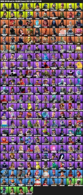 224 skins · Black Knight / OG Skull Trooper / Sparkle Specialist / Floss / Take The L / Huntmaster Saber
