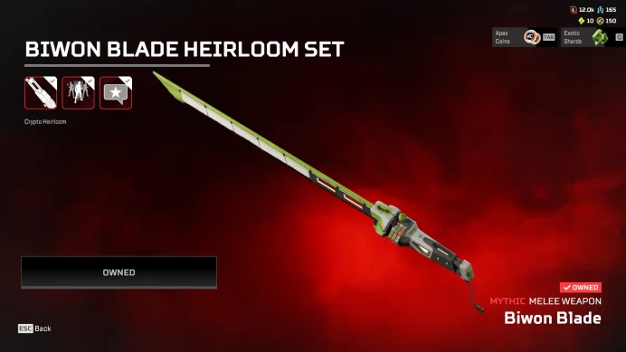 Apex Ea Account | Crypto Heirloom / Biwon Blade | 54 Legendries | Level 103 | 150 Apex Coins | 165 Crafting Materials | 12k LT | Full Access