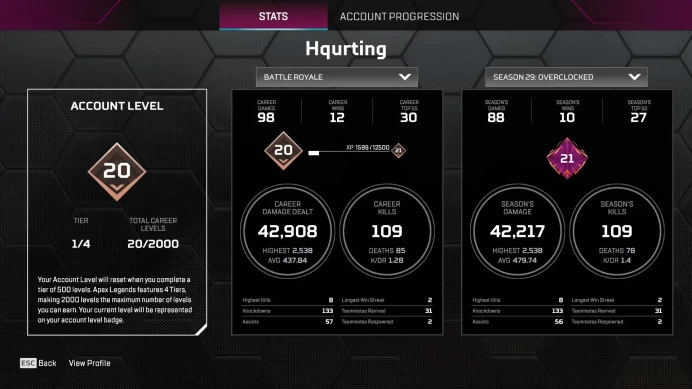 Apex Ea Account | Universal Heirloom / Death Duet | 5 Legendries | Level 20 | 100 Apex Coins | 270 Crafting Materials | 10.2k LT | Full Access