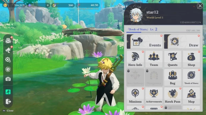 europe| WL1|Lv2 Book of Stars|5* Black Flame Wings Lance|3* Meliodas,Guila,Tristan|Act1Story|300 Red | Detail Check SS RA194B