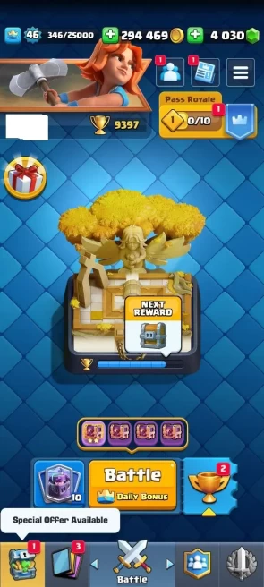 KT 14 Level 46 | 9397 Cup | 0 Max Cards |Lvl 1 15 Cards | 8 Lvl 14 Cards| 120 Emotes | 4030 Gems