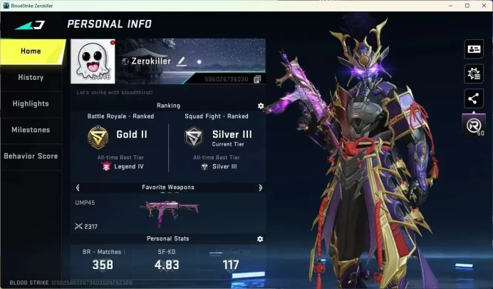 ASIA | Eternal ZERO Odashadow | 4 Ultra Char+Gun Skins | 2 Legendary Melee+Gun | L50 | Legend IV BR Rank|More Check SS BS1032B