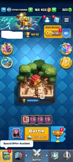 KT 15 Level 63 | 10732 Cup | 3 Max Cards |11 Lvl 15 Cards | 63 Lvl 14 Cards| 121 Emotes | 223 Gems
