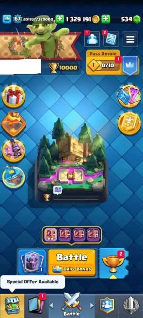 KT 15 Level 67 | 10000 Cup | 4 Max Cards |26 Lvl 15 Cards | 77 Lvl 14 Cards| 121 Emotes | 534Gems