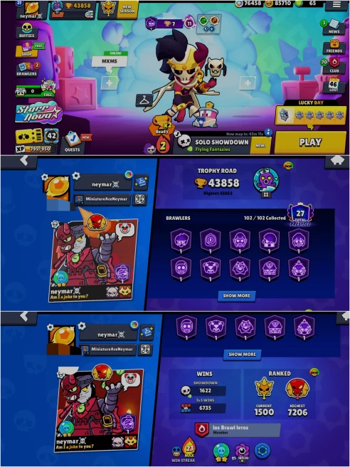 BEST BS 43.8k TROPHY, 102/102 UNLOCKED,32 HYPER CHARGED,1 MAXED,237 OP SKINS [8 MYTHIC+6 LEGENDARY+3 HYPERCHARGED],550 PINS,401 ICON,221 SPRAY