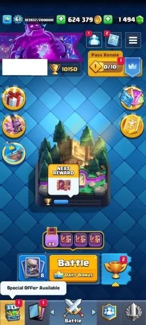 KT 15 Level 61 | 10150 Cup | 4 Max Cards |1 Lvl 15 Cards | 35 Lvl 14 Cards| 121 Emotes | 1494 Gems