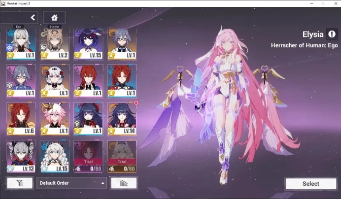 SEA Lv74|2 Fullset(Elysia HeHo,Raiden Xentinel),Kiana Kaslana HeVo 1/4,Fu Hua Azure 1/4,Seele SP 1/4|1 ELF+1 AOp|Take Mail|HI892
