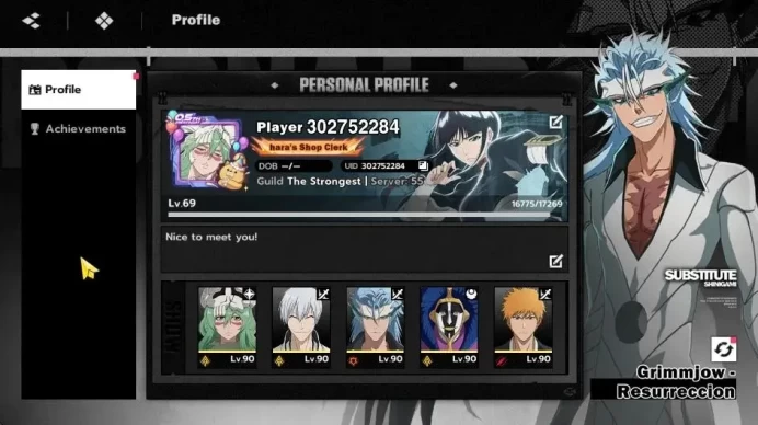 NuverseSEA|LV 69|8 SSR [Nelliel,Grimmjow,Ichigo Bankai,Urahara,Yoruichi,Sajin]+Stamp,Mayuri,Gin|8 Sign|13 SR|Google(BSR1157)