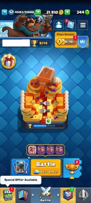 KT 14 Level 52 | 8714 Cup | 0 Max Cards |2 Lvl 15 Cards | 33 Lvl 14 Cards| 120 Emotes | 344 Gems