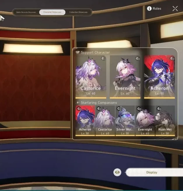 Asia|TL 50|1 Golden Companion|6 Limited|Castorice+Sign,Evernight,SW 999,Acheron,Ruan Mei,Dante|MC Male|TakeMail|CheckSS(HSR7254)