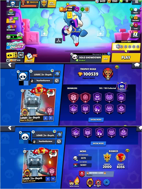 BEST 2021 BS 100.5k TROPHY, METEORIC FAME 1,90 PRESTIGE,15K 3v3 WINS,102/102 UNLOCKED,78 HYPER CHARGED,10 MAXED,390 OP SKINS,1229 PINS,643 ICON,