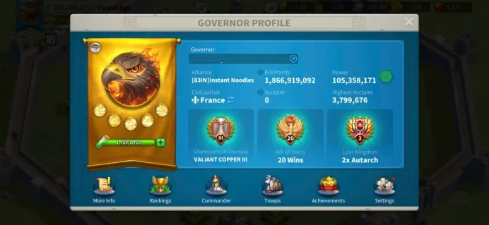 ROK2358: 105M - Vip 16 - 16 Commanders - 849 Passport - 3M Credit - 45k Gems - 2 Skin - 1 farm