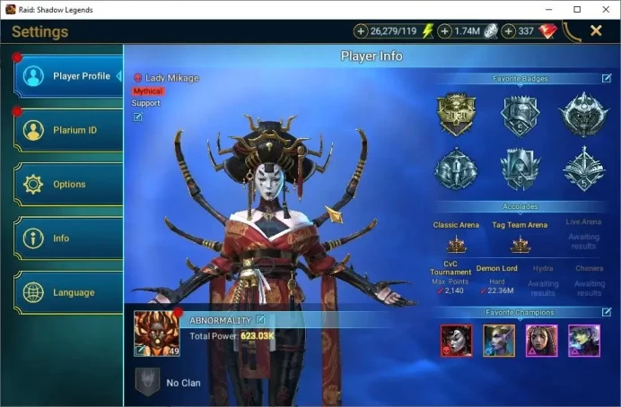 Lv 49|623K Power|1 Mythical (Lady Mikage)|21 Legendary(Artax,Ninja,Rae,Belz,Rathaloz,Etc)|337 Gems|26K Energy|Plarium(RSL1500)