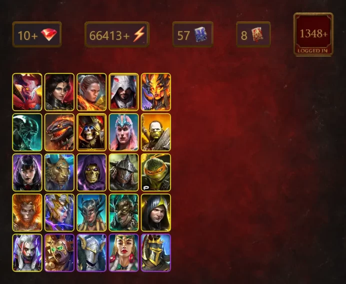 [STARTER]Sulfuryion+Mortu-Macaab+Adelyn+Ronda+Ezio Auditore+Sicia+Xenomorph+Deathknight+Loki+Artak+Alice+Tatura+Skeletor+54Epics