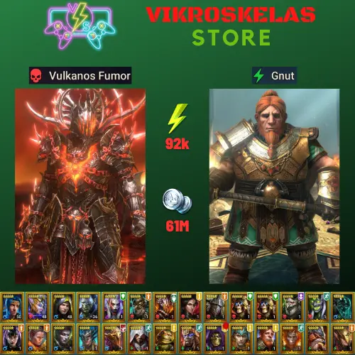 Starter acc with Vulkanos : 92k energy / 61 mln coins / Gnut, Elenaril, Royal Huntsman, Arix, Ninja + 20 Login Legendaries
