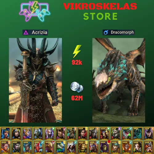 Starter acc with Acrizia : 92k energy / 62 mln coins / Dracomorph, Fu-Shan, Elenaril, Arix, Ninja + 20 Login Legendaries / Slixus