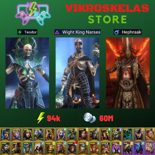 Starter acc with Narses : 94k energy / 60 mln coins / Teodor, Hephraak, Arix, Ninja + 20 Login Legendaries / Aniri
