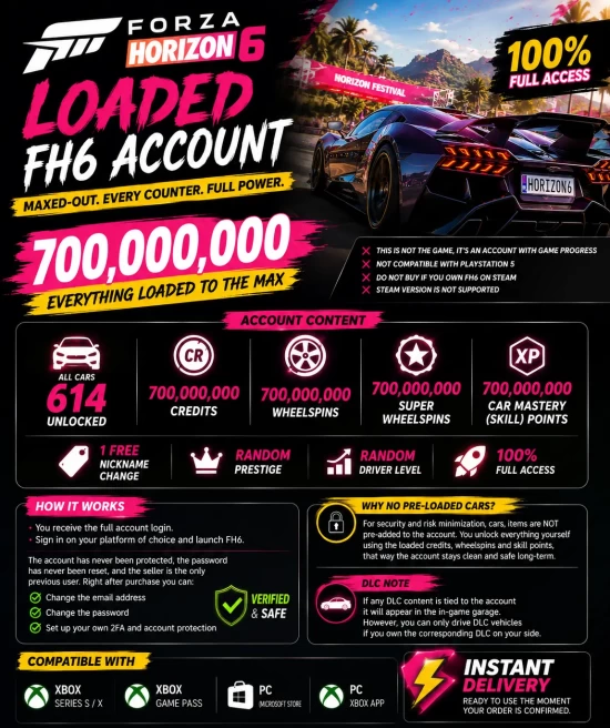 【XBOX/PC】 / All Cars 614 Unlocked / 700M Credits  / 700M Wheelspins  / 700M Super Wheelspins  / 700M Skill Points  /  Full Access