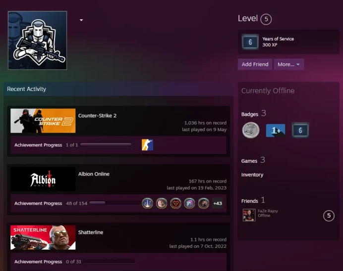 CS2 Prime 1036 hours+6Medals(2018 Service Medal/2021 Service Medal/10Y/5Y/Loyalty Badge/Global Offensive Badge)