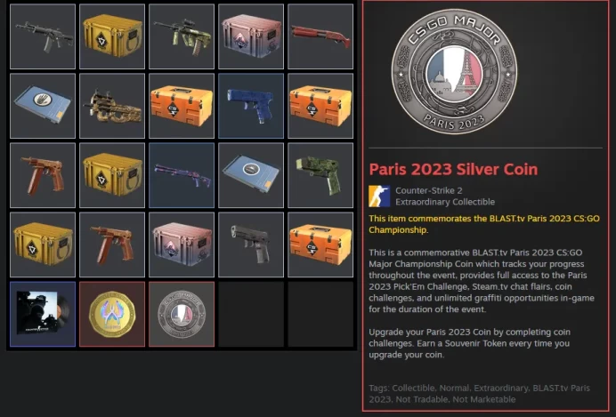 Inventory 10$-CS2 Prime 223 hours+2Medals(Paris 2023 Silver Coin/Global Offensive Badge)