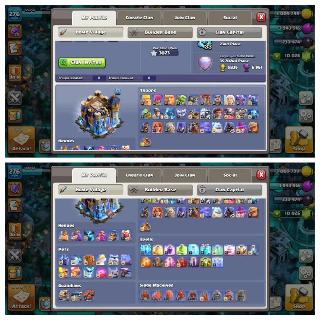 Th_18(XP 276)(FULL MAX)(10 K GEM)(30 SKIN HERO)(5 HEROS MAX)(26 E.EPIC MAX)(LIFTIME WARANTY)(PLS SEE PIC)